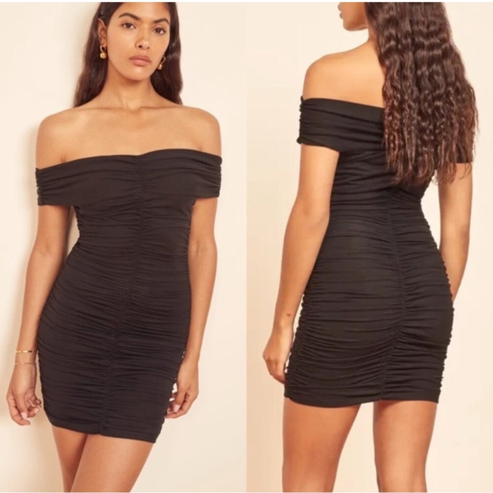 Reformation Sabine Ruched Black Off The Shoulder Dress Size Large B5
